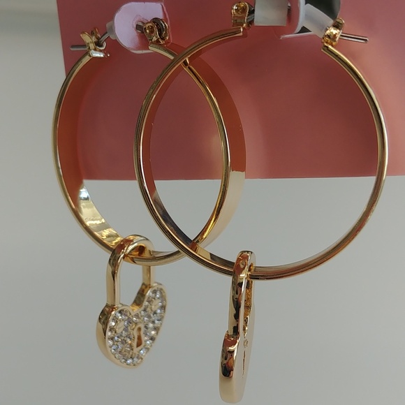 NWT Juicy Couture Hoop Heart Locket Charm Faux Diamond Gold Tone Earrings - Picture 4 of 4